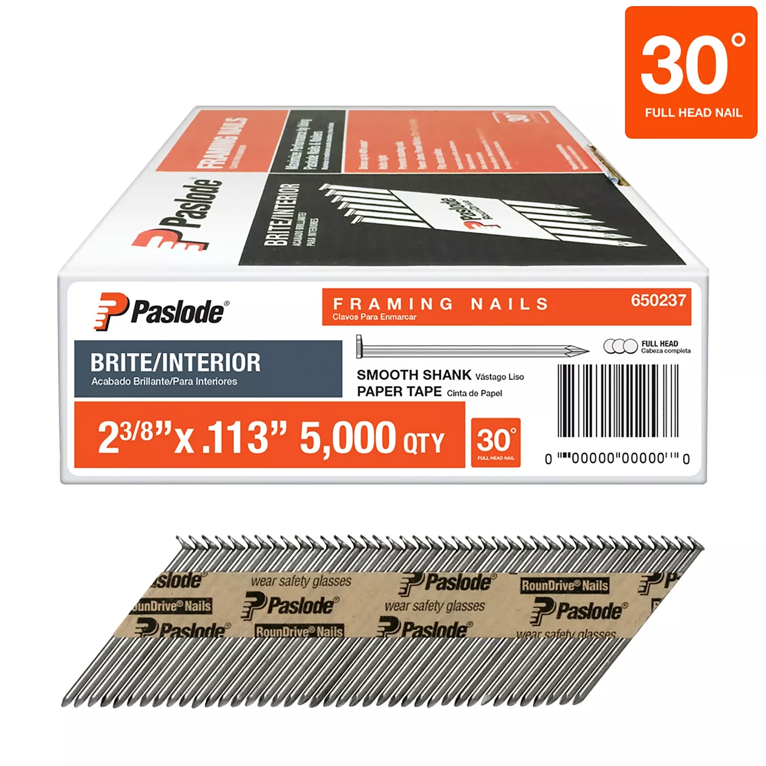 Paslode RounDrive 2-3/8 In. L Angled Strip Brite Framing Nails 30 Deg 5000 Pk